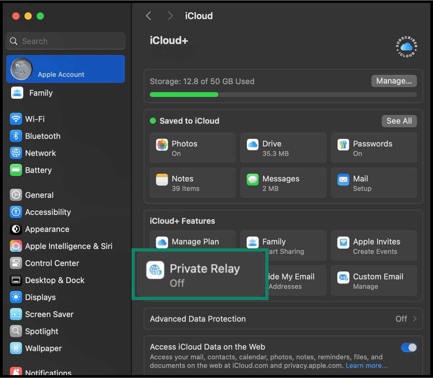 iCloud+ features page, showing Private Relay
