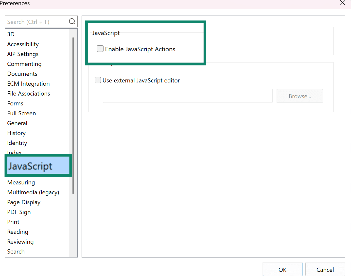 Image showing how to disable JavaScript in Foxit Reader. 