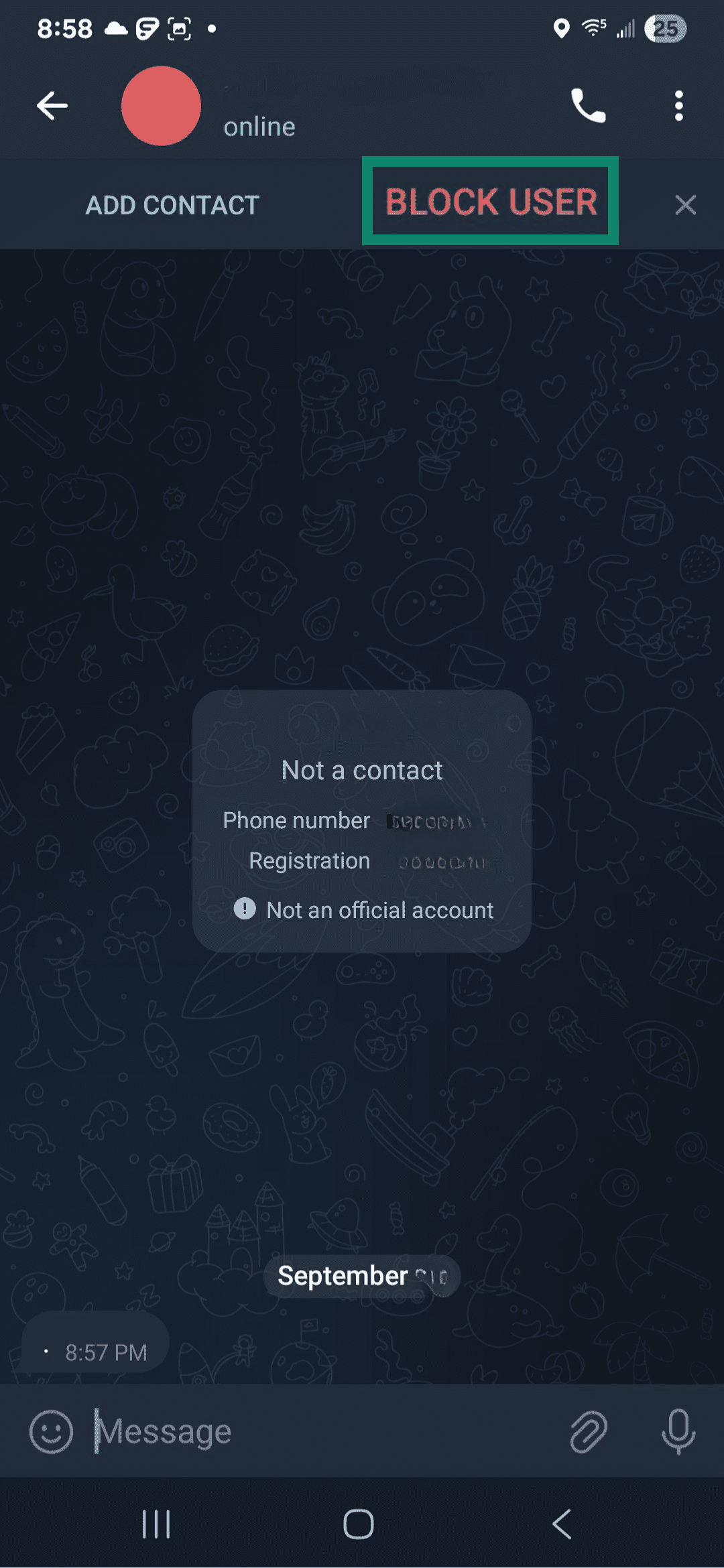 Telegram screen showing Block user option.