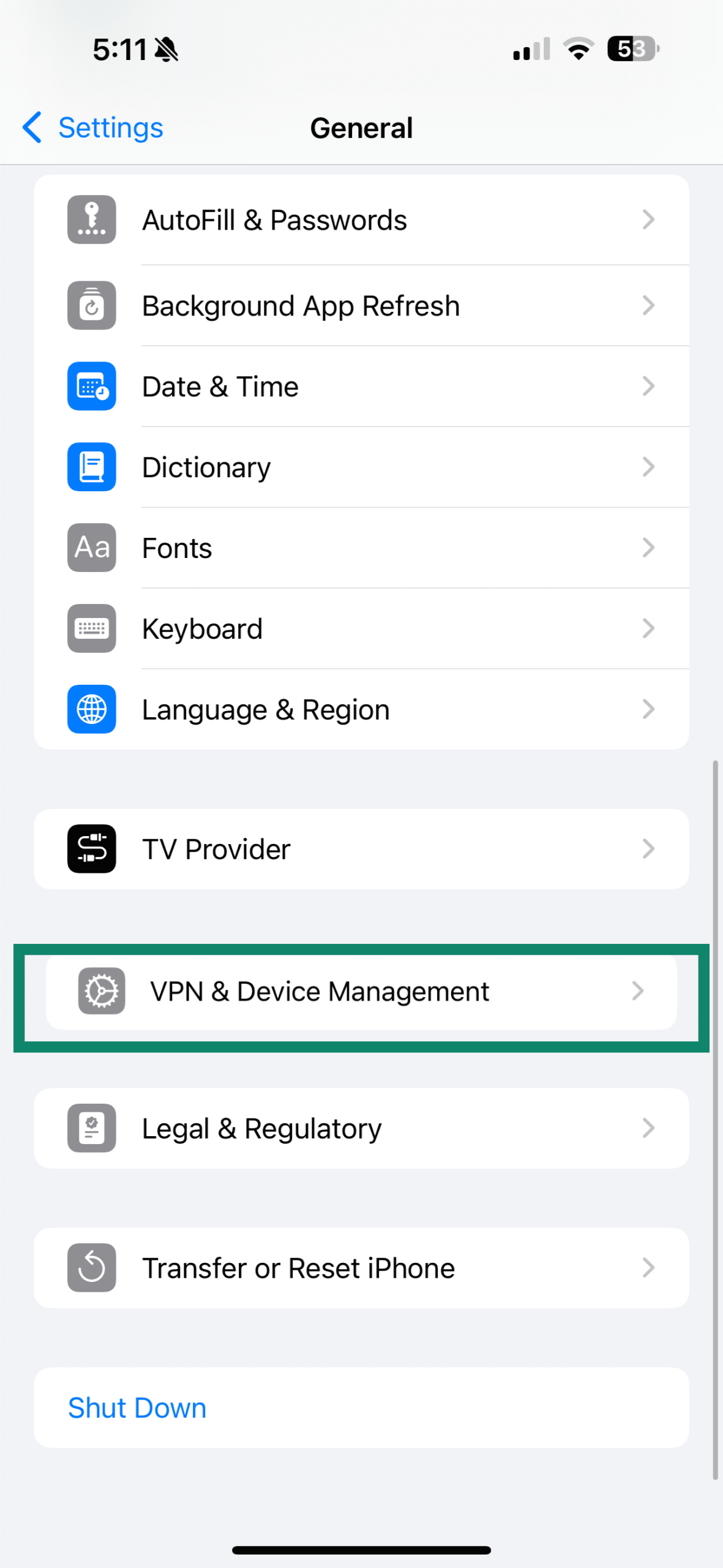 VPN & Device Management highlighted under General settings.