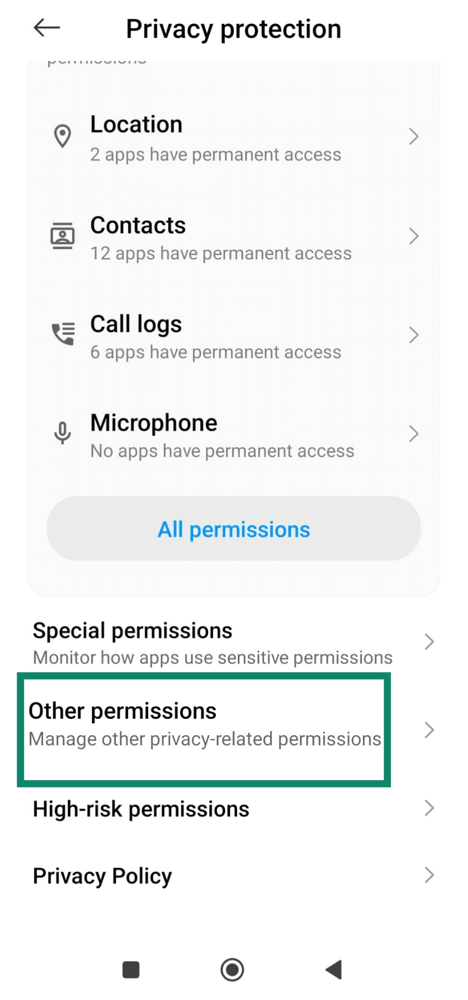 Android Privacy screen with Other permissions highlighted.