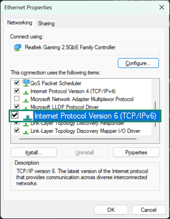 Windows 11 Ethernet Properties highlighting the item Internet Protocol Version 6 (TCP/IPv6).