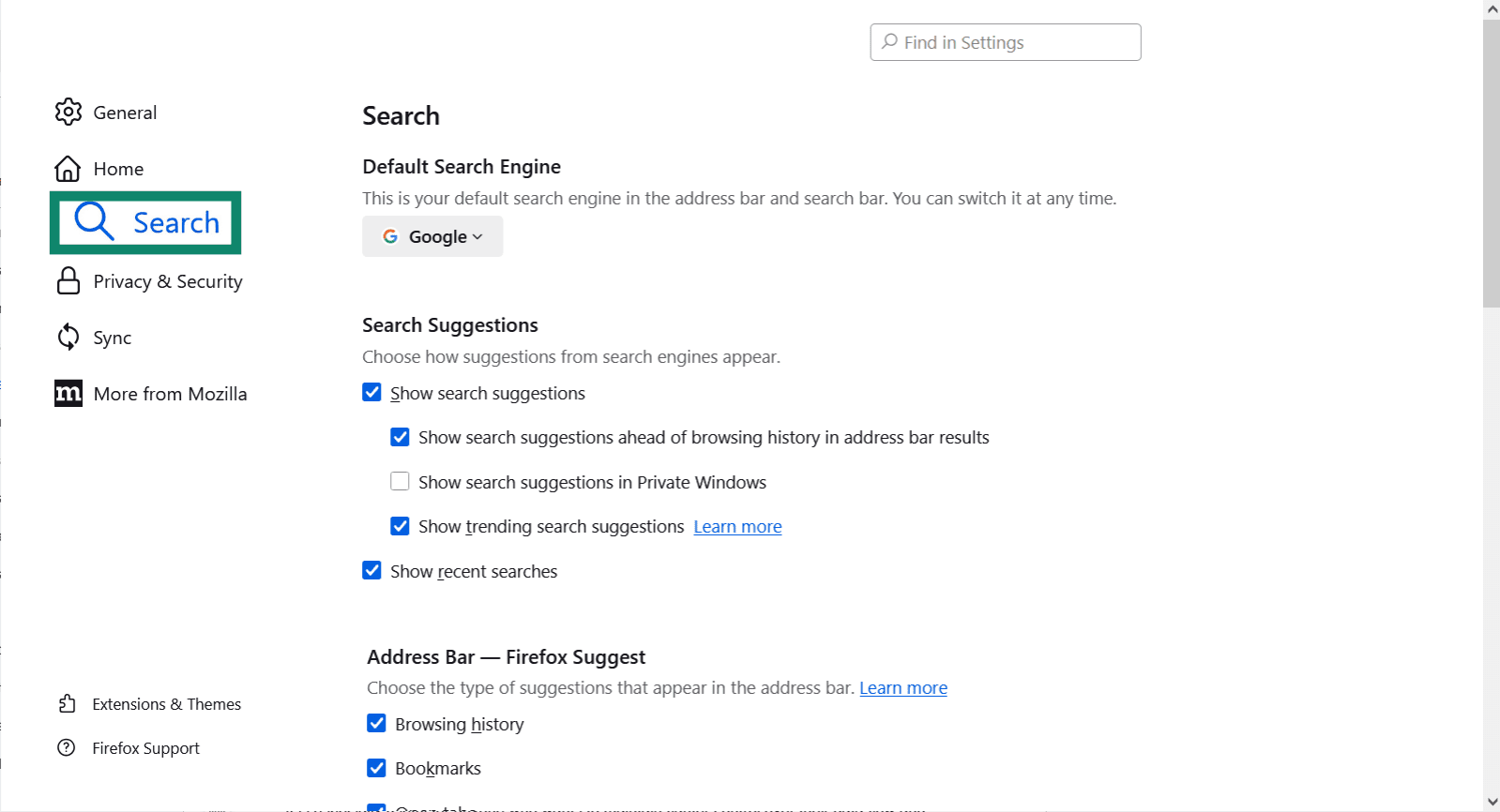 The Firefox settings menu, with Search highlighted.