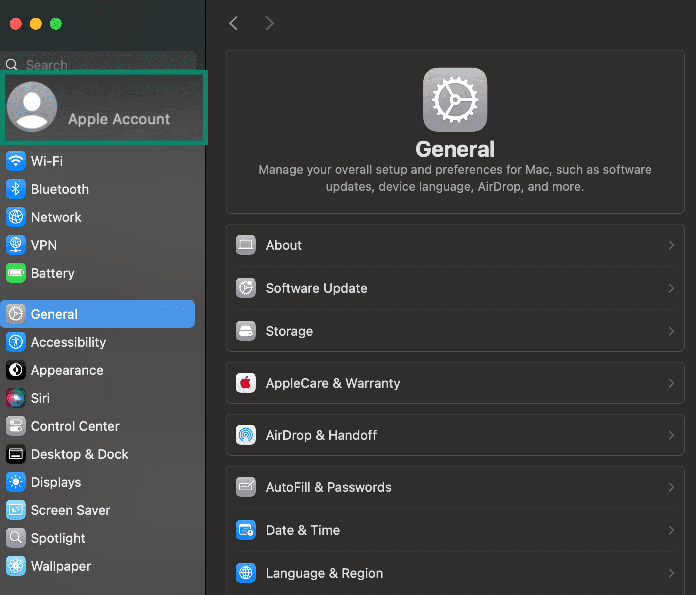Mac System Settings/Preferences with the user name highlighted.