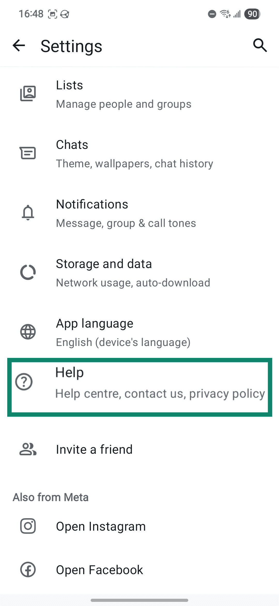 WhatsApp's settings menu showing the help panel.