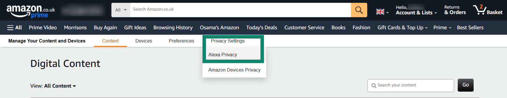 Opening Alexa Privacy settings in the Amazon website.