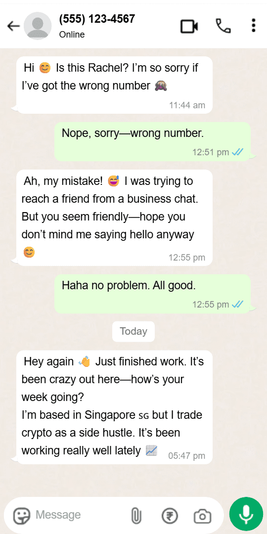 A “wrong number” scam on WhatsApp. The scammer starts by pretending to have the wrong number, then builds rapport before pivoting to a crypto investment pitch.
