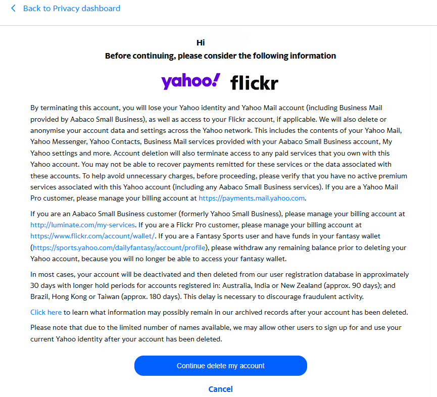 Yahoo termination information page after choosing delete my account.
