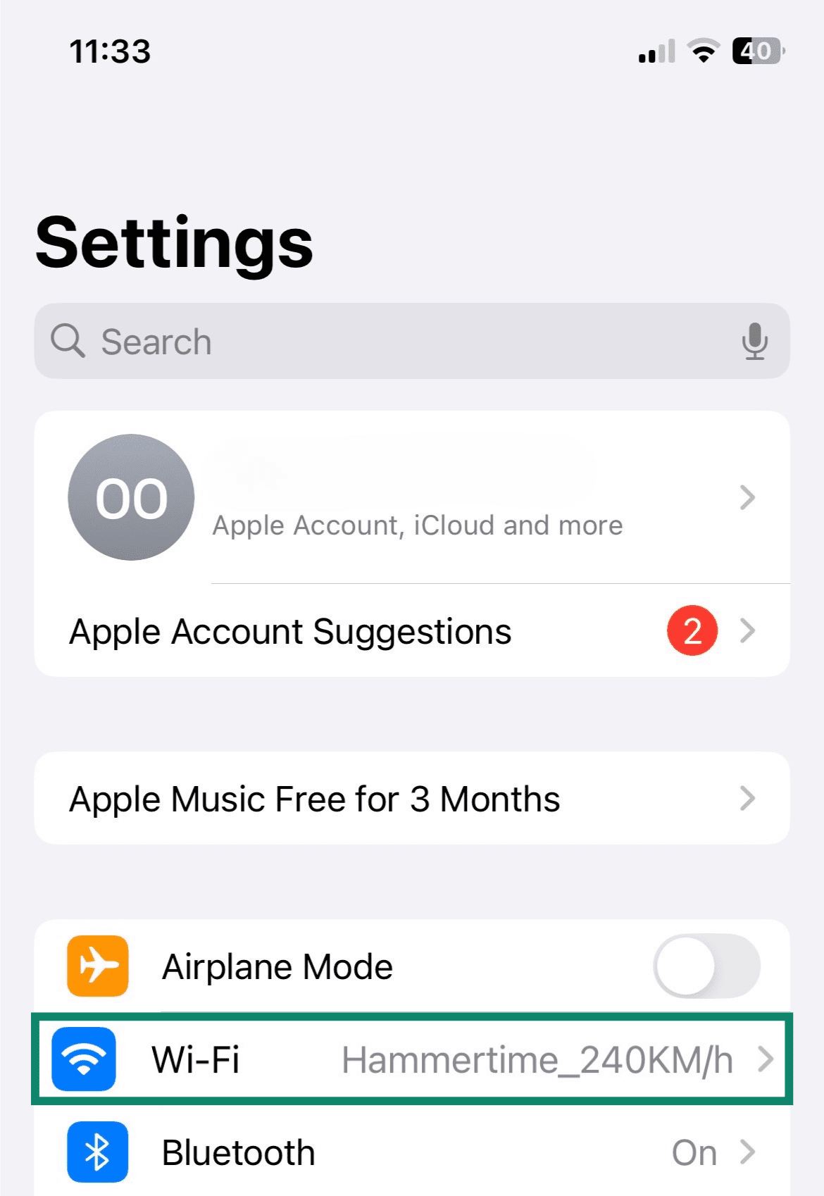 Close-up of iOS settings menu with the Wi-Fi connection highlighted.