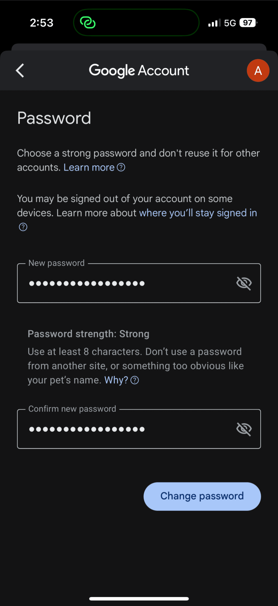 Change Password page on iPhone's Gmail app.