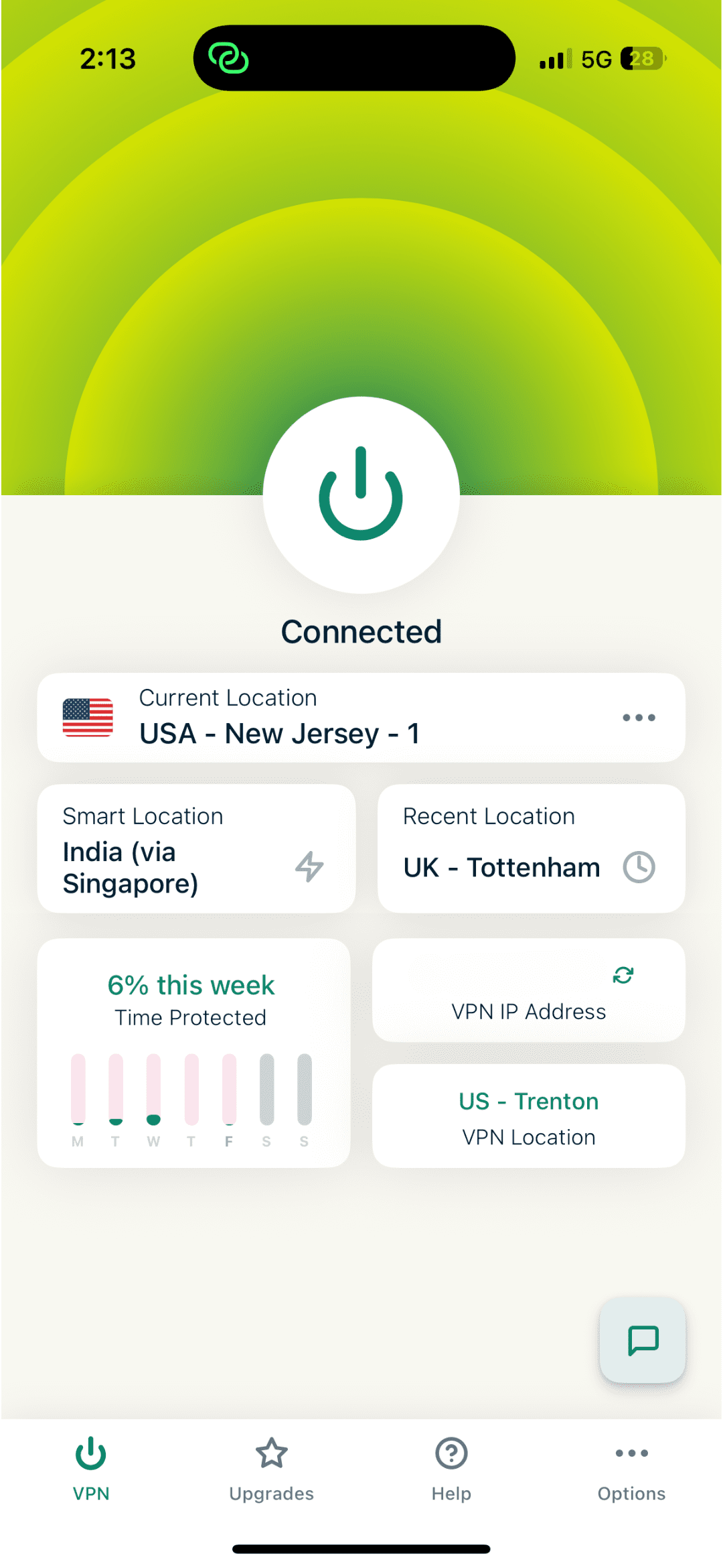ExpressVPN's iOS app with an active VPN connection.