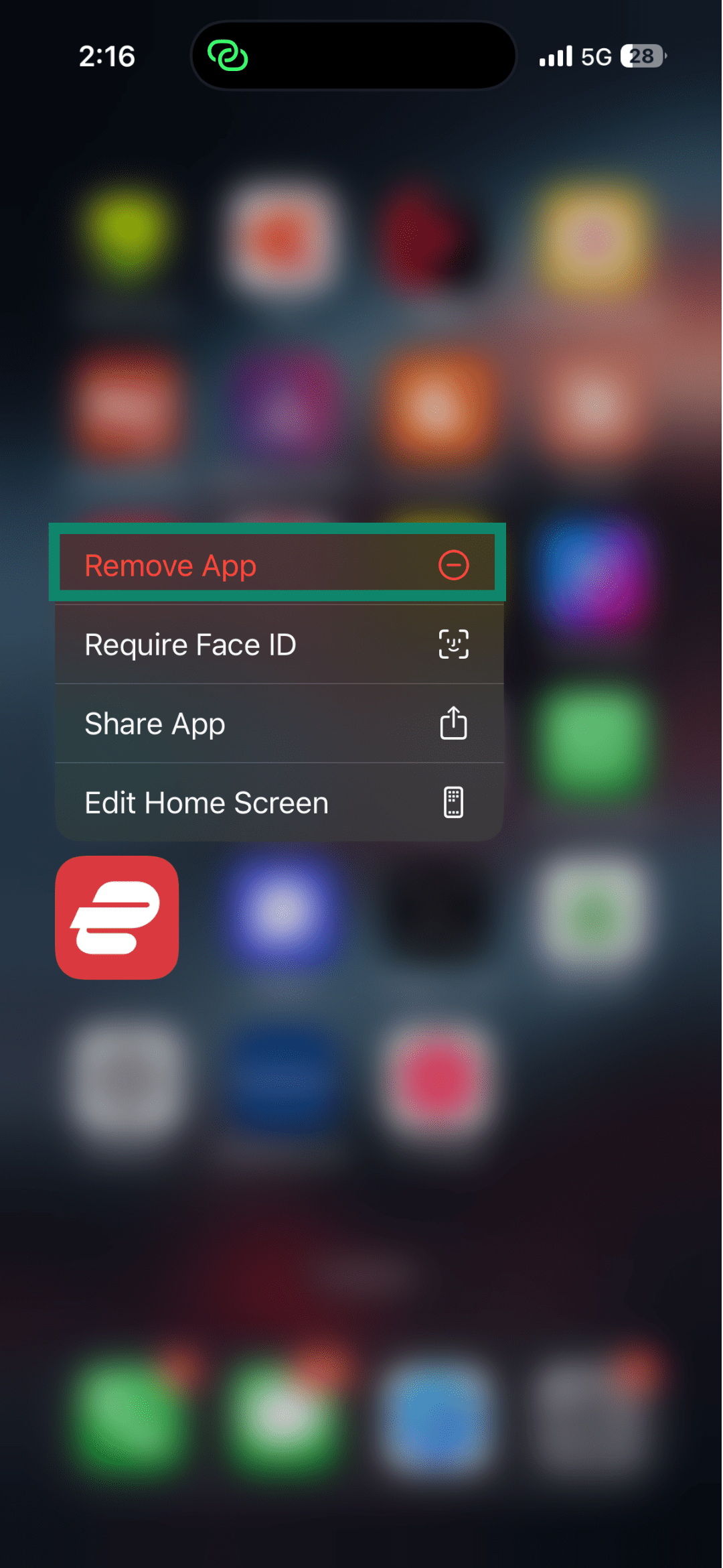 iPhone screen showing the quick action menu after long-pressing the ExpressVPN app.
