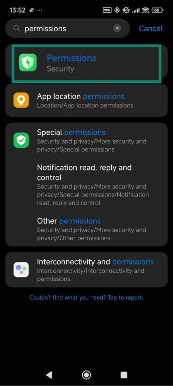 Settings app menu showing how to find the Permissions options.