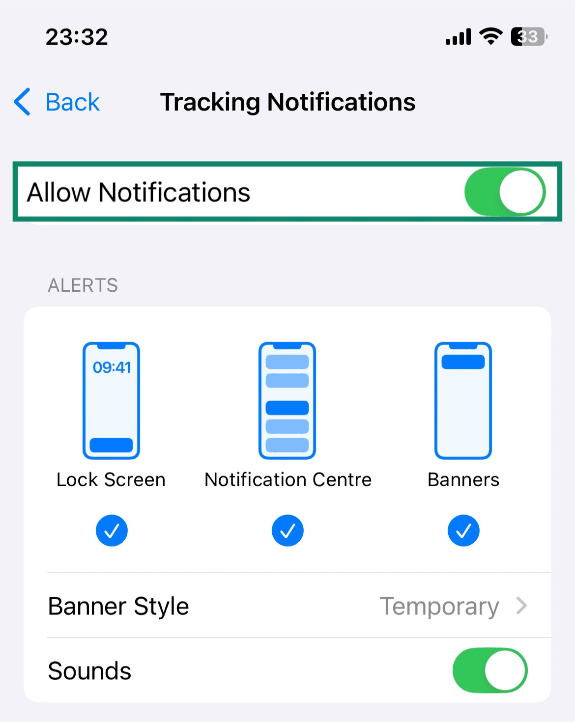 Screenshot of Tracking Notifications being allowed from its settings menu.