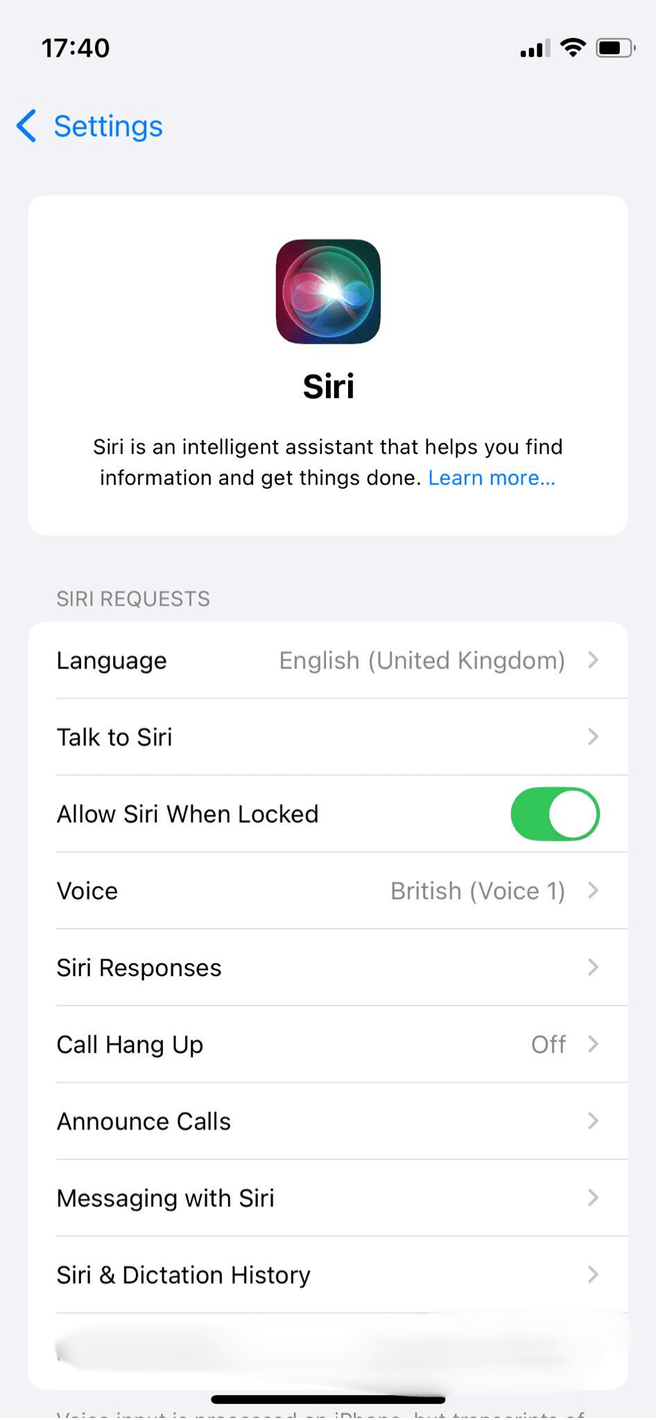 The Siri settings page, showing various configurable options for interacting with Siri