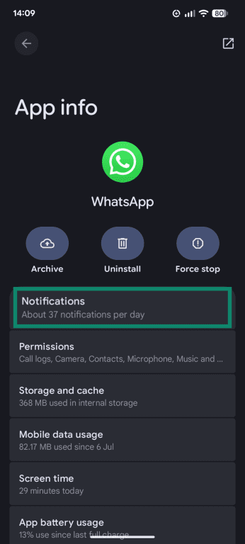 The WhatsApp app settings page in the Android settings app, showing the Notifications button.