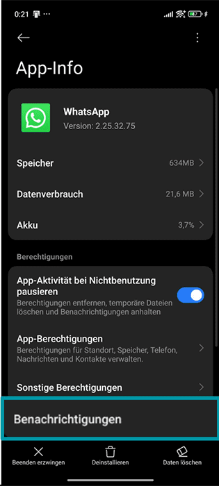 The WhatsApp app settings page in the Android settings app, showing the Notifications button.