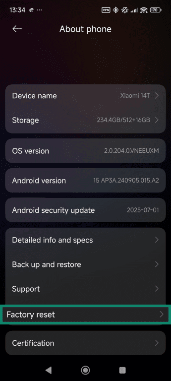 About phone menu interface showing how to perform a factory reset.