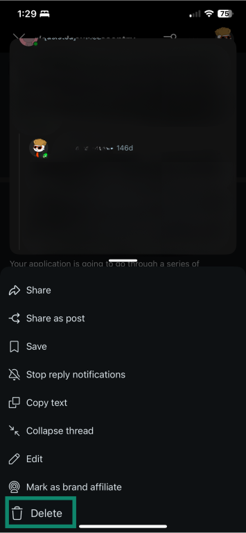 Reddit comment options on mobile with the Delete button highlighted.