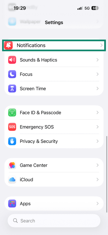 The Settings menu on iPhone.