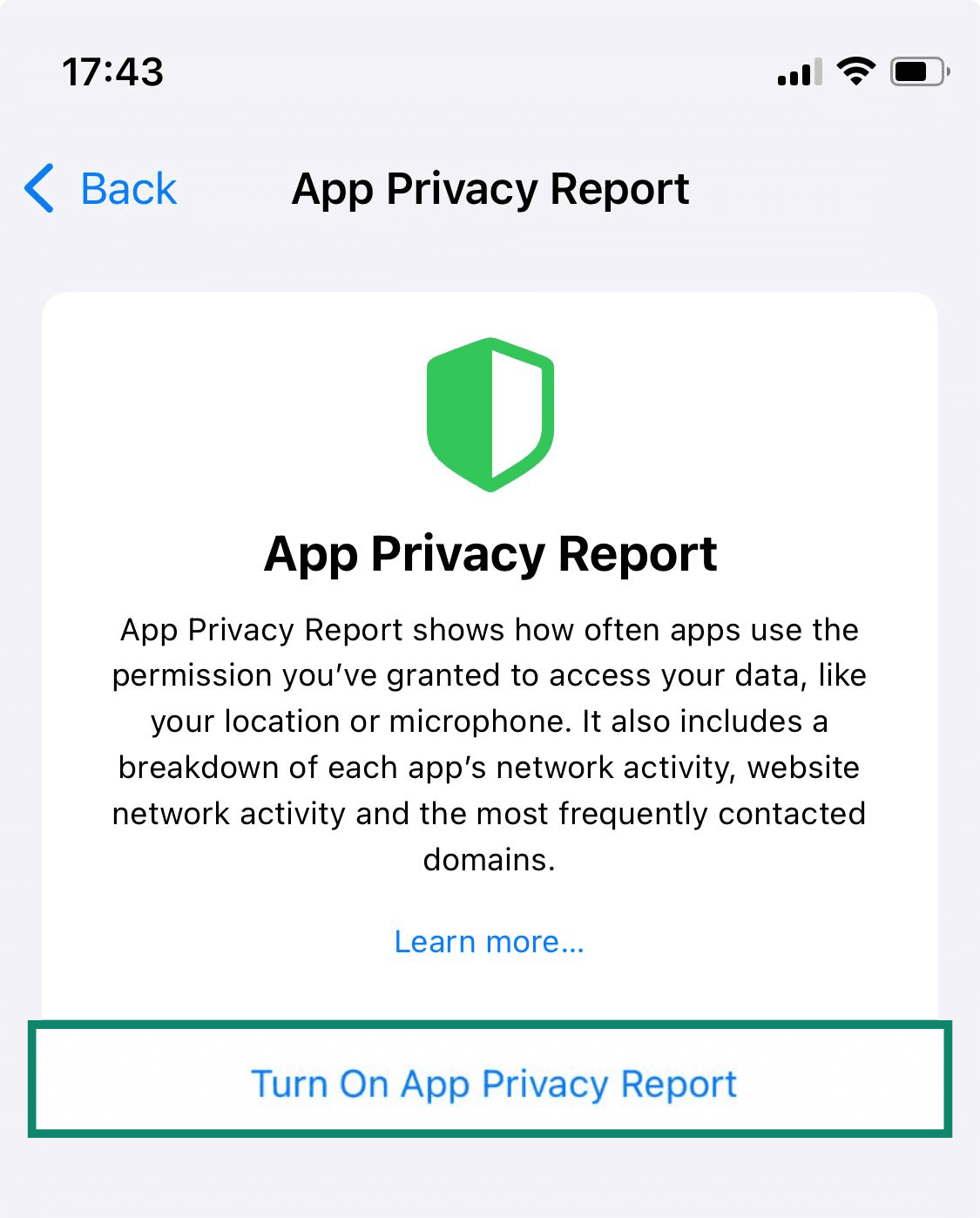The App Privacy Report page on an iPhone, showing the option to turn on the report feature.