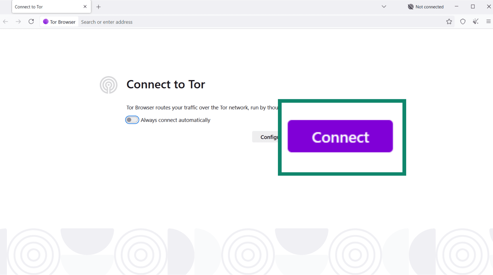 The welcome page of the Tor Browser, showing the Connect button.