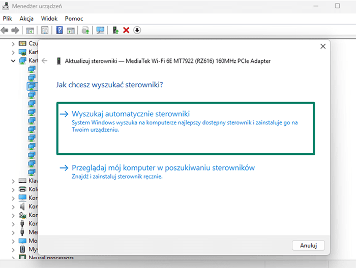 The driver update window, showing the options to manually select or automatically locate the latest update.