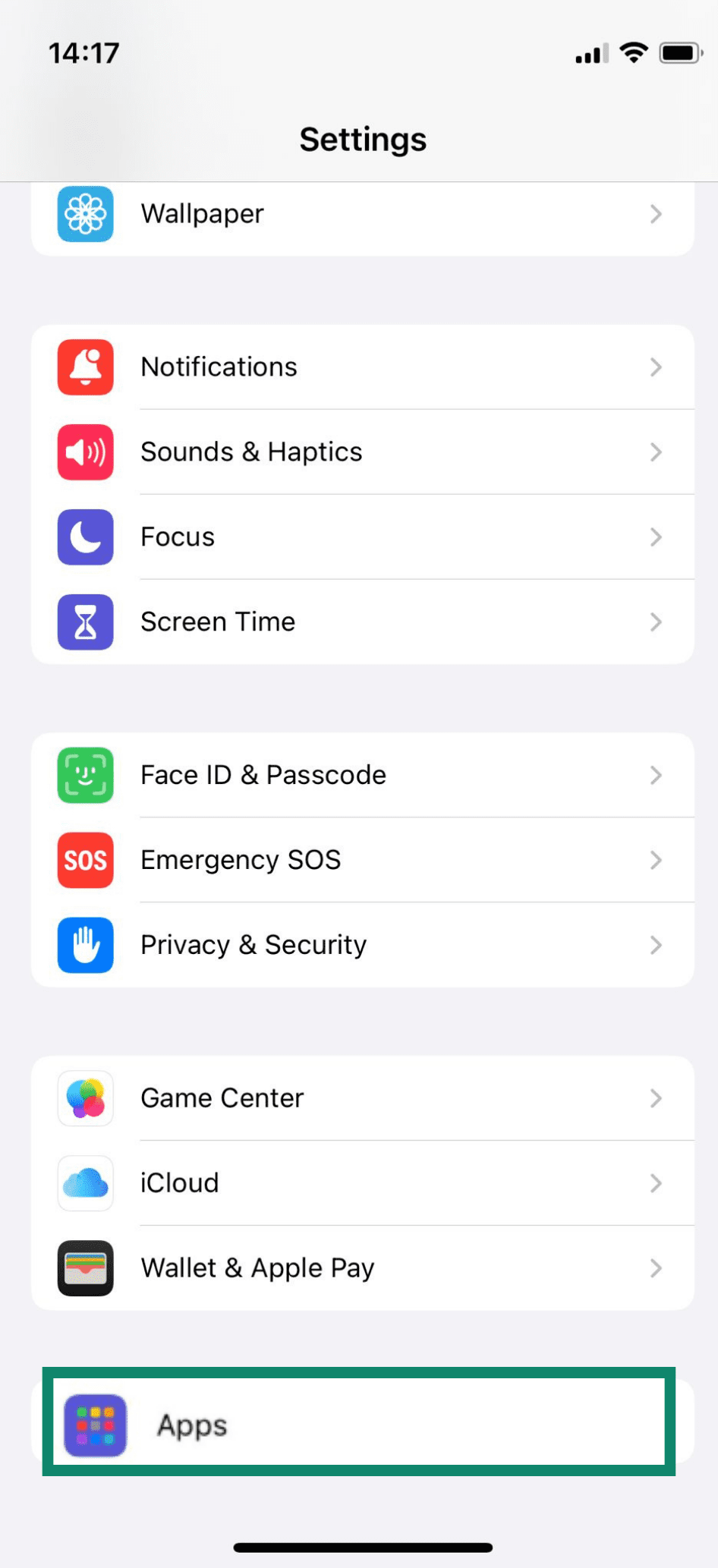 The Apps settings on an iPhone.