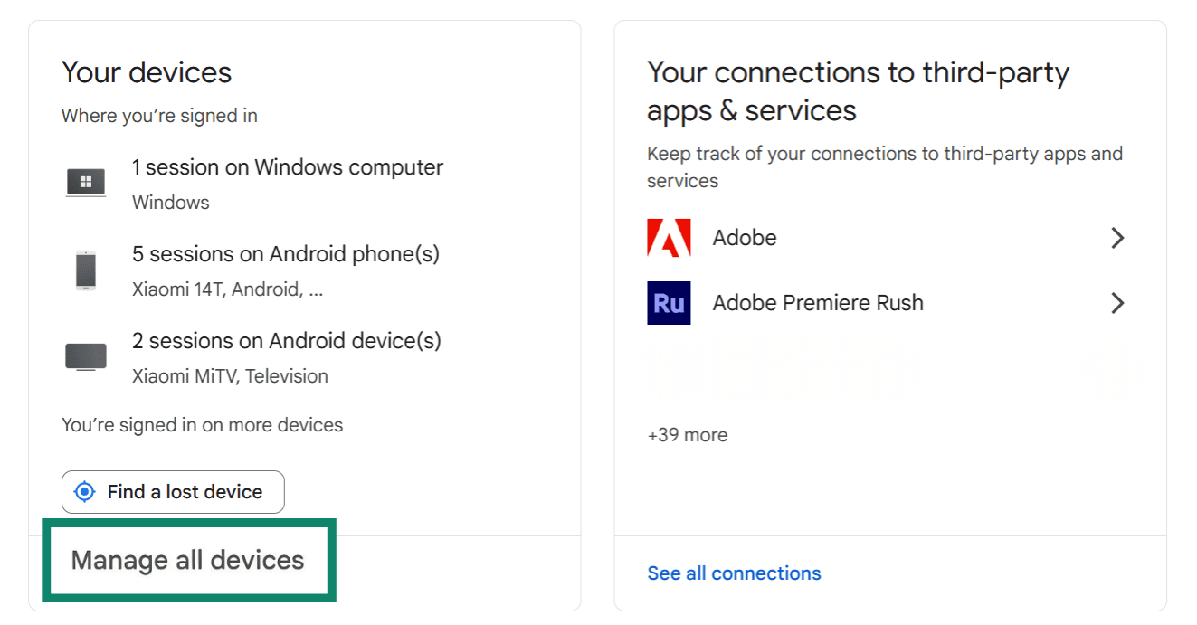 Google Account Security page showing the "Manage all devices" option highlighted.