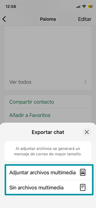 The Attach media and Without media options on WhatsApp when exporting chats on the app.