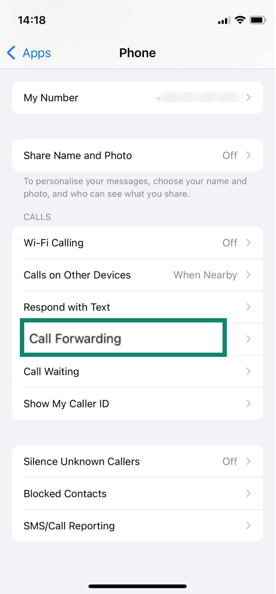 The Call Forwarding settings on an iPhone.