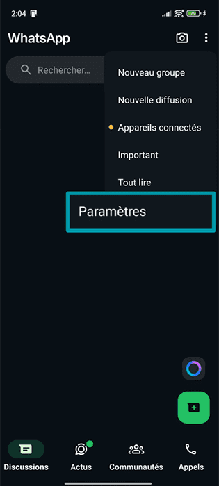 A screenshot of the WhatsApp app, showing the menu and the Settings button. 