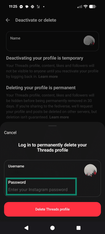 Entering your password to verify Threads account deletion request.