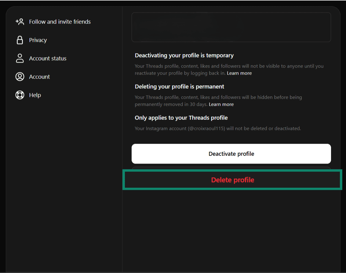 Delete profile option in Threads on desktop.