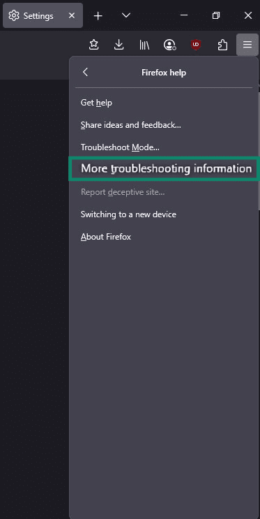 Firefox Help menu with the More troubleshooting information button highlighted.