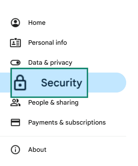 The Gmail settings menu. The "Security" option is highlighted and enlarged.