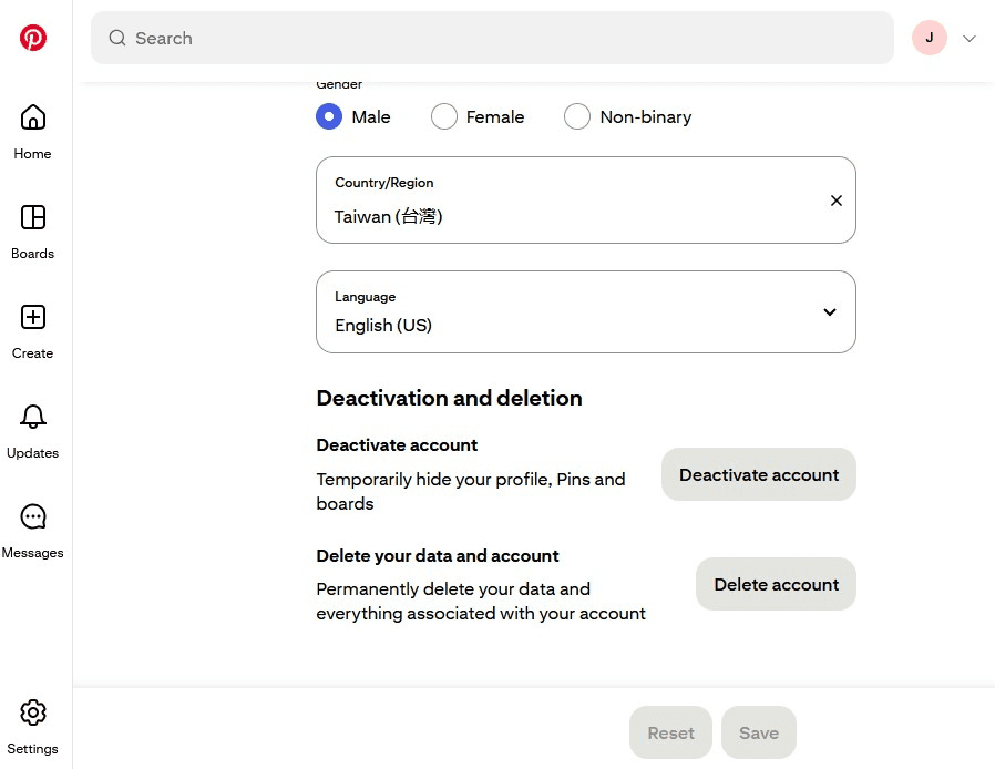 Pinterest Account management tab showing the buttons to deactivate or delete an account.