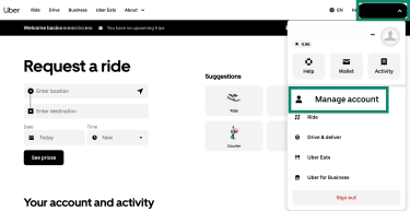 Uber desktop account home screen.
