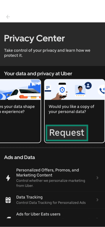 Uber mobile privacy center landing page with option to request personal data highlighted.