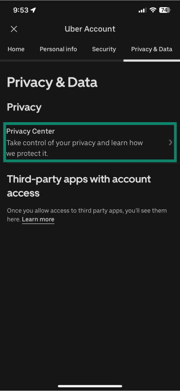 Uber mobile app with Privacy Center highlighted.