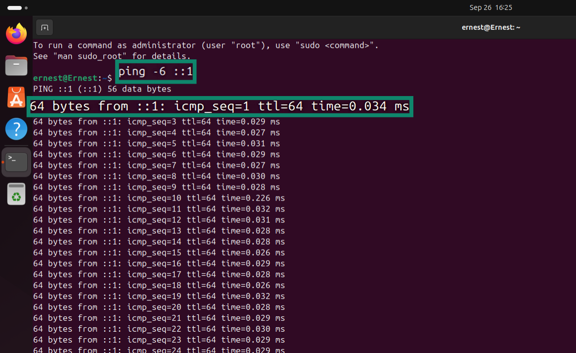 A Linux Terminal highlighting the command to ping an IPv6 loopback address.