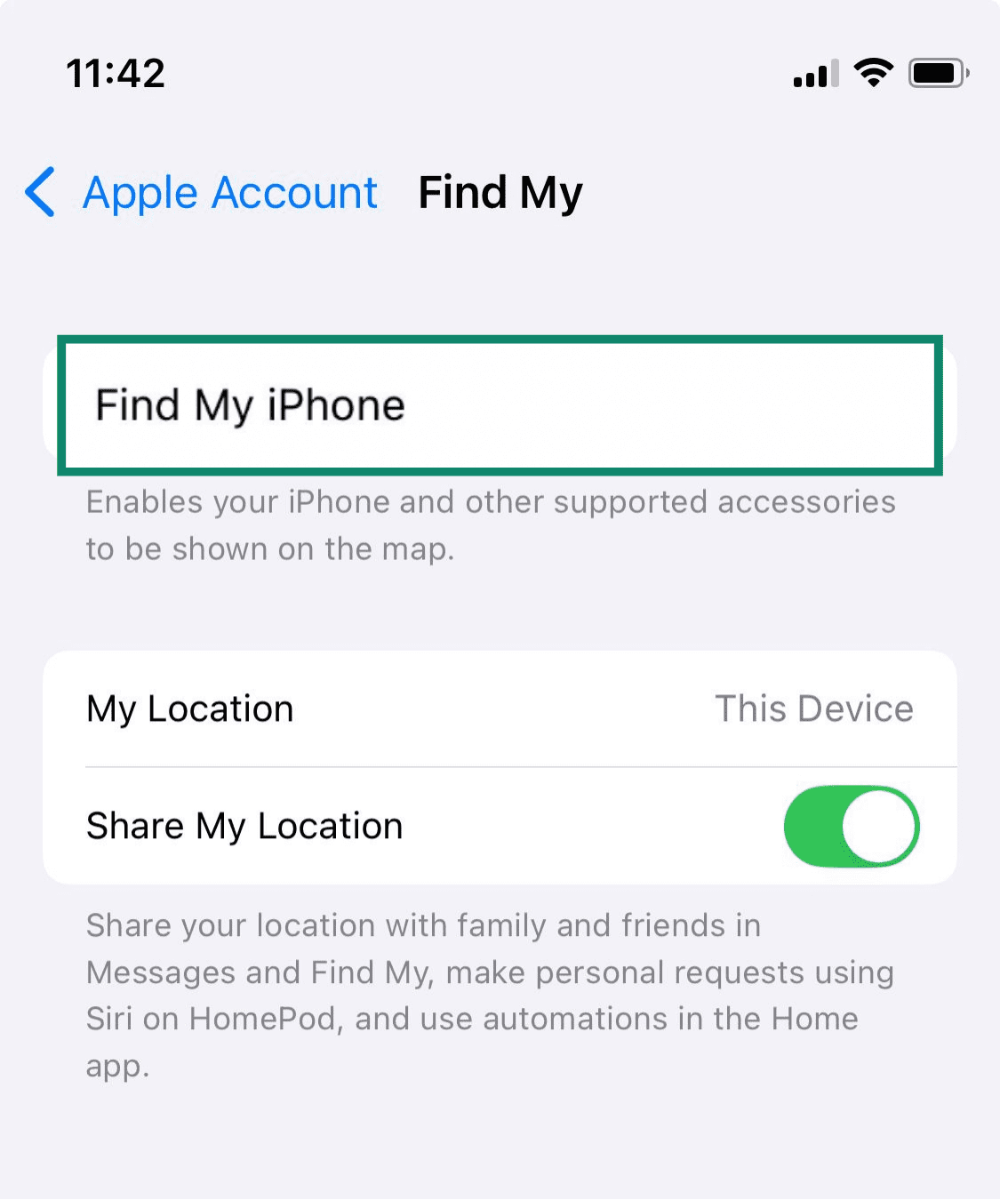 The Find My iPhone settings on an iPhone.