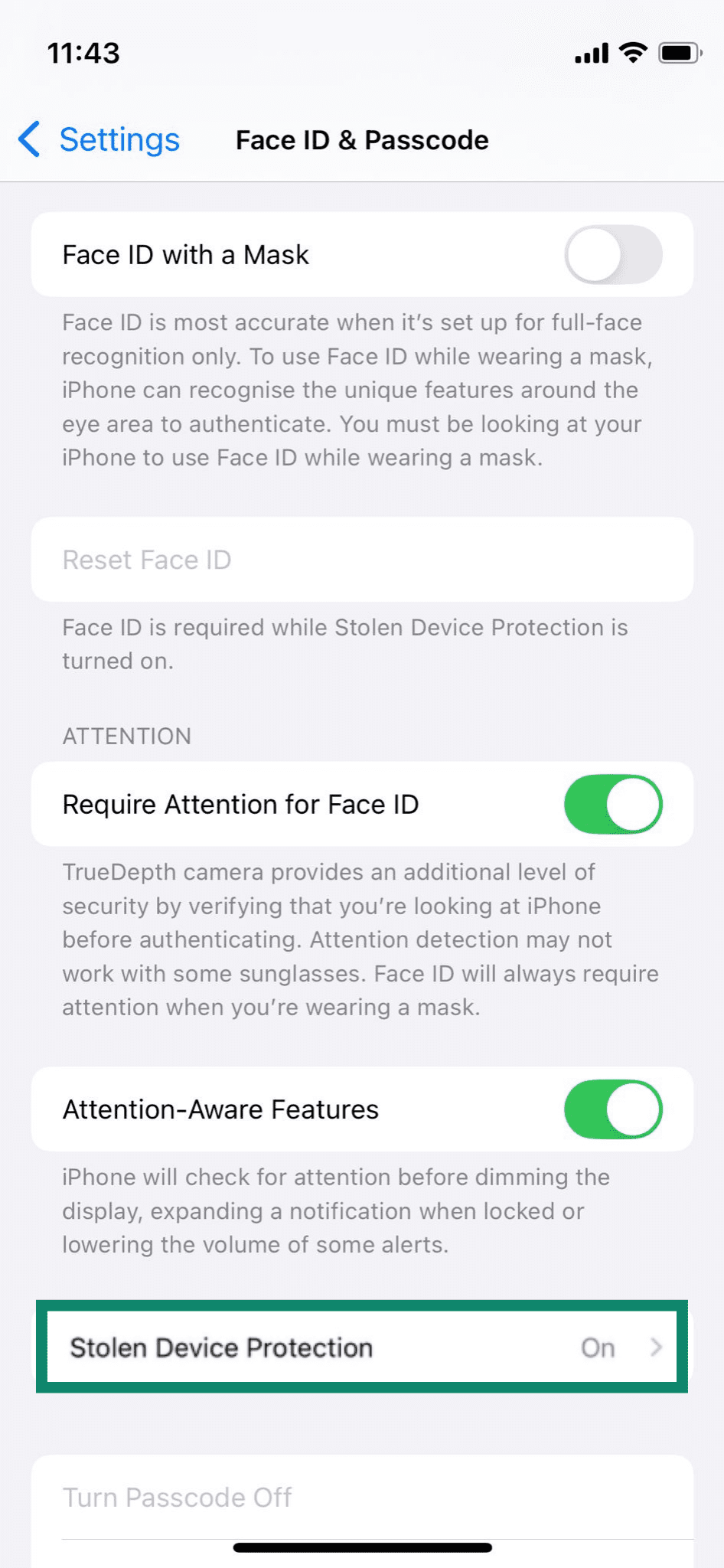 The Stolen Device Protection settings on an iPhone.