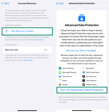 Side-by-side screenshots showing how to activate 'Advanced Data Protection’ on an iPhone, which explains that it provides end-to-end encryption for iCloud data.