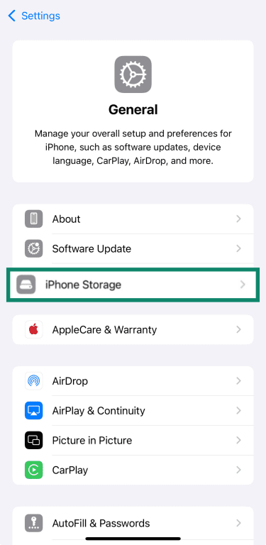 iPhone Settings showing General menu with iPhone Storage highlighted.