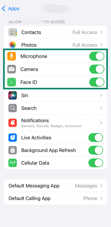 App settings with permissions