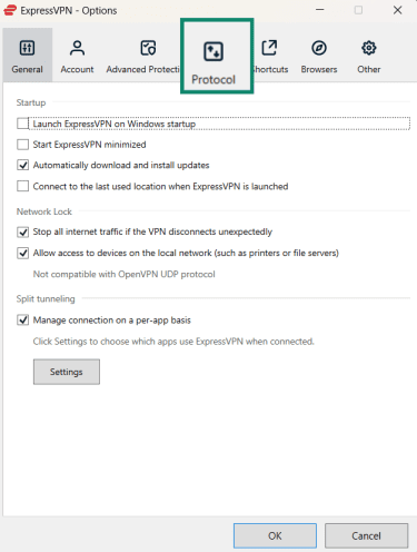 Accès au menu Protocole dans l’application ExpressVPN pour Windows.