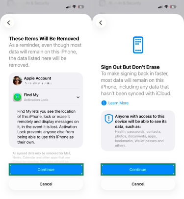 Two iPhone screenshots side by side. The first image shows the "These Items Will Be Removed" window, and the second image shows the "Sign Out But Don't Erase" window.