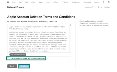 Apple's deletion terms and conditions. The "I have read and agree with the conditions" and "Continue" buttons are highlighted.