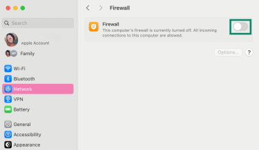 Firewall settings on macOS with toggle turned off.